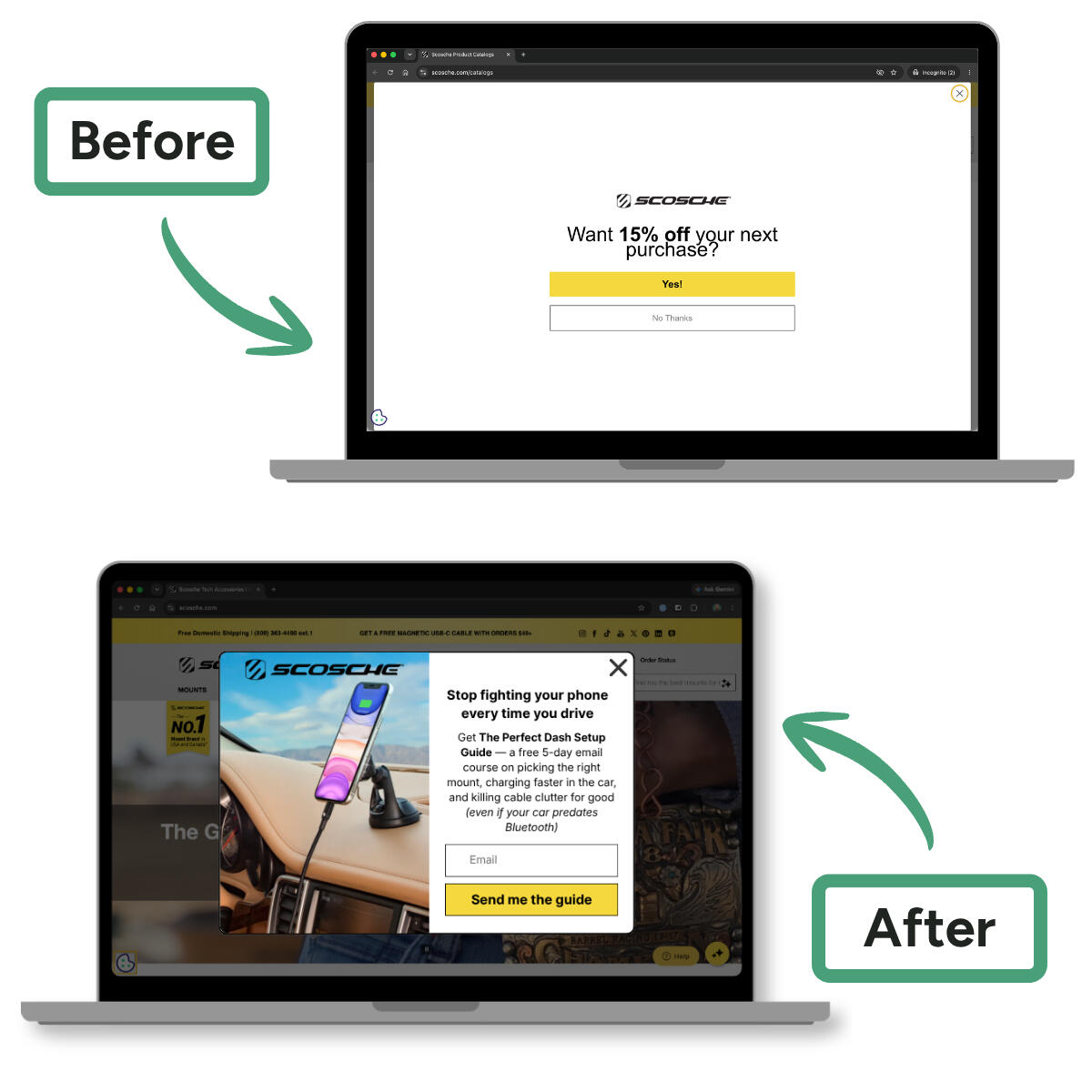 Before and after screenshot comparing a discount popup to an educational offer